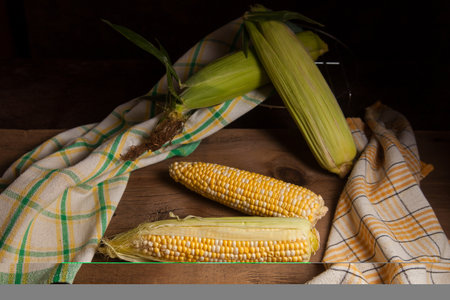 Two ears of ripe sweet corn with green leaves and green towel on vintage wooden background. Cobs...