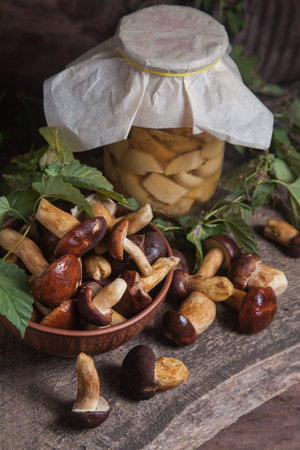 Autumn composition of boletus badius, imleria badia or bay bolete, clay bowl with mushrooms and canned mushroom in glass jar on vintage wooden background and green foliage of ivy on back. Edible and pored fungus has velvety dark brown or chestnut color cap.の写真素材