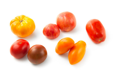 Assort of different shape and color whole ripe juicy tomatoes with soft shadow isolated on white background with clipping path. Vegetables collection on white.の写真素材