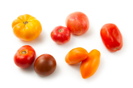Assort of different shape and color whole ripe juicy tomatoes with soft shadow isolated on white background with clipping path. Vegetables collection on white.の写真素材