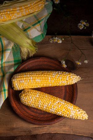 Clay plate with two ears of ripe sweet corn and green towel on vintage wooden background. Cobs with white and yellow grains. Fresh ears of corn with green leaves on background.の写真素材
