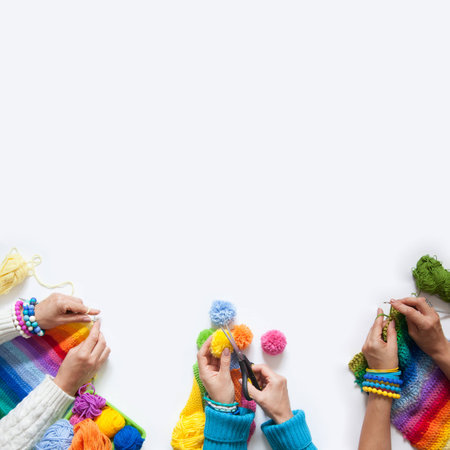 The women knit and crochet colored fabric. View from above.の写真素材