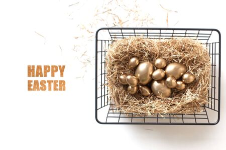 Top view of an iron mesh basket with a nest. Nordic styleの写真素材