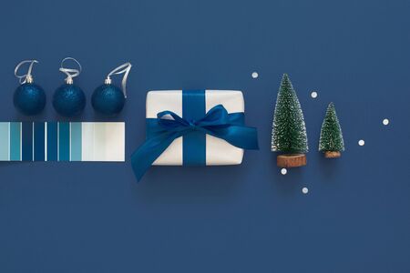 Classic Blue. Color of the Year 2020. Top view of workspace and copy space. Flatlay minimalism. New year.の写真素材