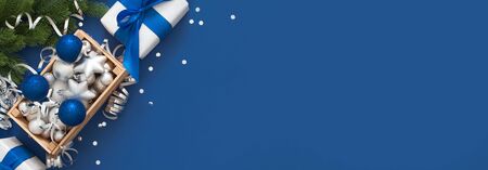 Classic Blue. Color of the Year 2020. Top view of workspace and copy space. Flatlay minimalism. New year.の写真素材