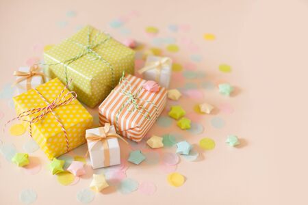 Gifts for a birthday, party or new year. Delicate pastel colors.の写真素材