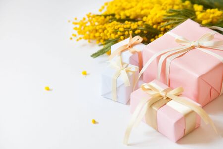 Postcard for March 8. Women's Day. Mimosa and flowersの写真素材
