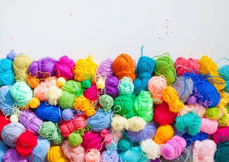 Womens hobby. Needlework and crocheting and knitting. Bright yarn. Concept of womens leisure.の写真素材