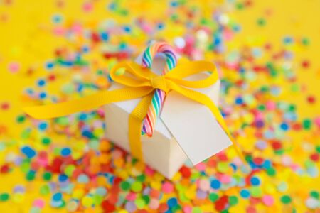 Festive accessories for the hen-party, birthday. Party for girls. Yellow backgraund.の写真素材