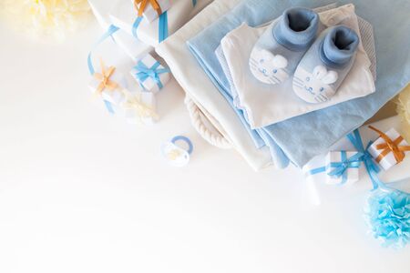 Its a boy, blue theme Baby Shower or Nursery background with decorated borders on white background.の写真素材