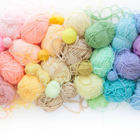 Colored balls of yarn. View from above. Rainbow colors. All colors. Yarn for knitting. Skeins of yarn.の写真素材