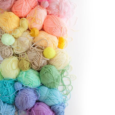Colored balls of yarn. View from above. Rainbow colors. All colors. Yarn for knitting. Skeins of...
