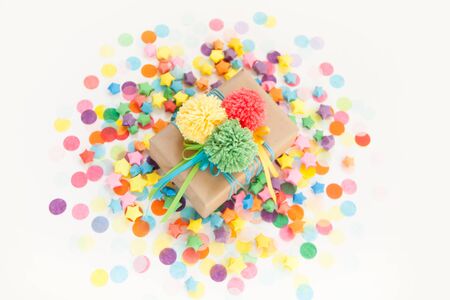 Gift box for birthday or Christmas. White background. Color pompons.の写真素材