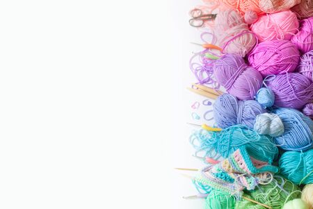 Colored balls of yarn. View from above. Rainbow colors. All colors. Yarn for knitting. Skeins of yarn.の写真素材