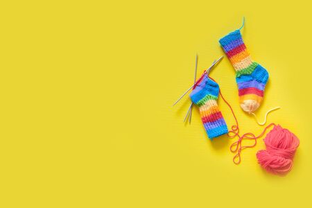 Colored balls of yarn. Rainbow colors. All colors. Yarn for knitting. Skeins of yarn.の写真素材