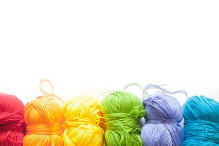 Colored balls of yarn. View from above. Rainbow colors. All colors. Yarn for knitting. Skeins of yarn.の写真素材