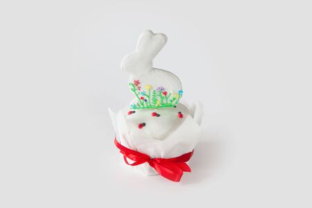 Gingerbread Easter bunny in Russian cake. Orthodox Russian Easter. White background.
