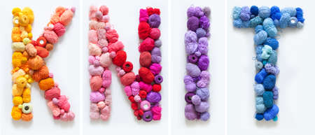 The word Knit is made up of multi-colored skeins and a ball of yarn. White background. Rainbow color gradient.の写真素材