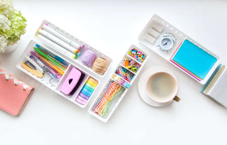 School supplies. Stylish stationery multicolored pastel color. Flat lay, top view.