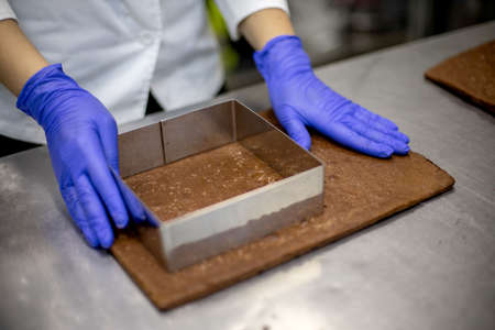 Smiling female confectioner pouring chocolate gommage on biscuit cake assembling mousse dessert