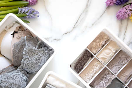 Stylish composition storage underwear organization Marie Kondos method decorated by natural flowers