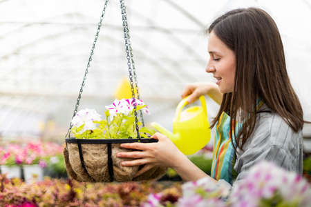 Happy woman florist in apron smiling cultivated growing blossom flowers in hanging flowerbedの写真素材
