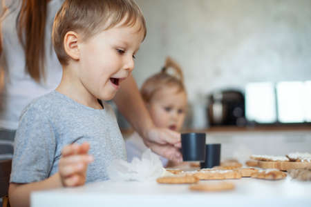 Boy and girl decorate Christmas gingerbread at home. A boy and a girl paint with cornets with sugar icing on cookies. New Years decor, branches of a Christmas tree.の写真素材