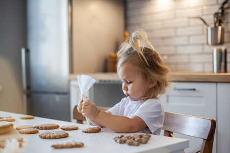 Little cute girl decorates gingerbread with sugar icing. Preparation for Christmas concept.の写真素材