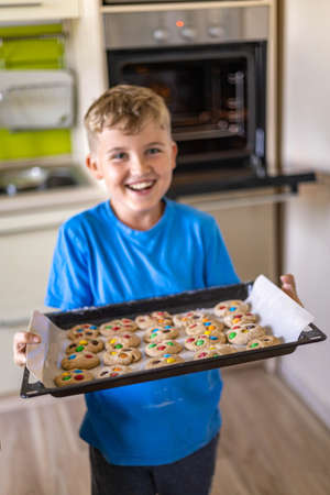 Portrait of happy baby boy posing with baking sheet full dessert with multicolored round chocolatesの写真素材