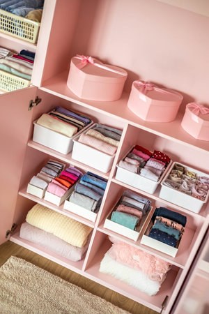 Female kid pink closet with comfortable vertical storage clothes organization case boxの写真素材