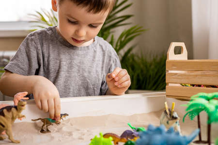 Cute baby boy playing sensory box kinetic sand table with carnivorous and herbivorous dinosaursの写真素材