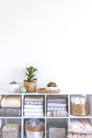 Domestic textile bed linen neatly placed cupboard shelves minimalism Nordic storage methodの写真素材