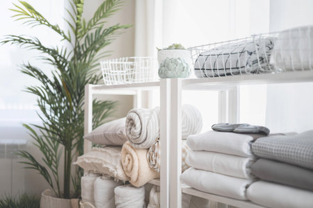 Wardrobe in the bedroom with neatly folded linen vertical storage and stacks.の写真素材