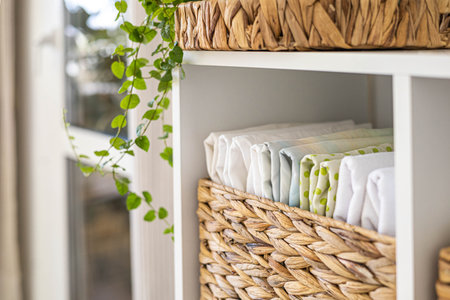 Neatly folded linen cupboard shelves storage at eco friendly straw basket placed closet organizerの写真素材