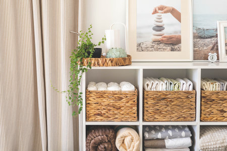 Domestic textile bed linen neatly placed cupboard shelves minimalism Nordic storage methodの写真素材