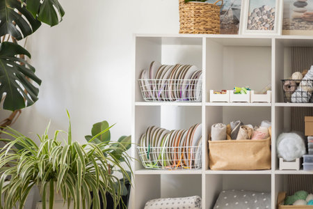 Yarn storage organization textile hobby supplies contemporary cupboard shelvesの写真素材