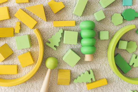 Rainbow spectrum Montessori material wooden bricks row imagination seamless pattern backgroundの写真素材