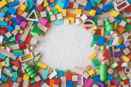 Wooden bricks Montessori material rainbow spectrum row arrangement copy space frame