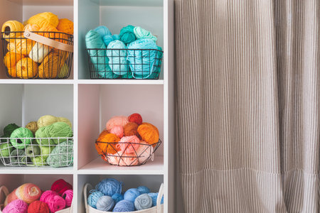 Yarn storage organization textile hobby supplies contemporary cupboard shelvesの写真素材