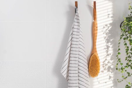 Hanged towel and shower massage brush wooden eco friendly bath equipment at white sunny bathroomの写真素材