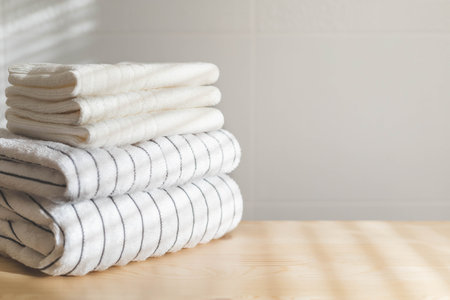 Bath fresh towels pile soft textile cotton body care neatly folded white gray laundry flower shelfの写真素材