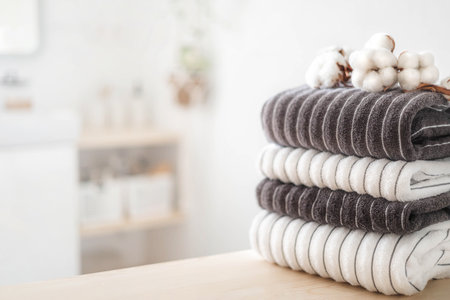 Bath fresh towels pile soft textile cotton body care neatly folded white gray laundry flower shelf. Blurred backgroundの写真素材