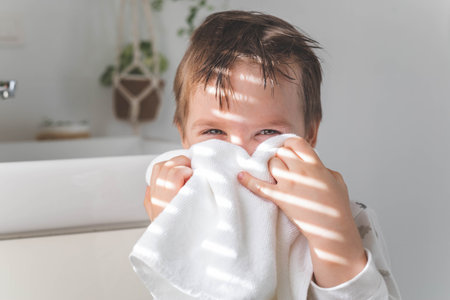 Morning baby boy wiping face white soft towel after washing at domestic bathroom sunlight closeup
