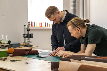 Craftsman unwrapping bundle of stuff natural material working at leather workshop. Leatherwork