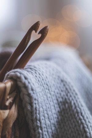 Cozy homely atmosphere. Heart from hooks for knitting. Yarn in neutral colors.の写真素材