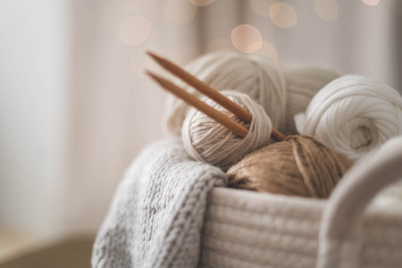 Cozy homely atmosphere. Female hobby knitting. Yarn in neutral shades in a soft basketの写真素材