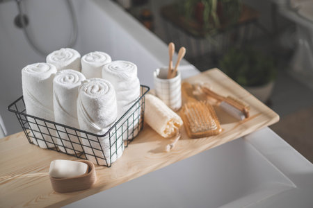 Bathroom domestic spa procedure body care tools arrangement minimal ecology space organizationの写真素材