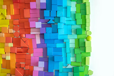 Rainbow spectrum Montessori material wooden bricks row imagination seamless pattern backgroundの写真素材