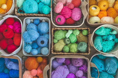 Many baskets made of natural eco-friendly materials. Multicolor yarn for knitting, knitting needlesの写真素材