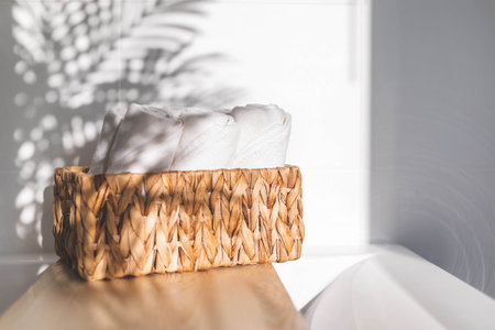White bath towels rolled in woven jute basket on wooden shelf bathroom arrangement storageの写真素材